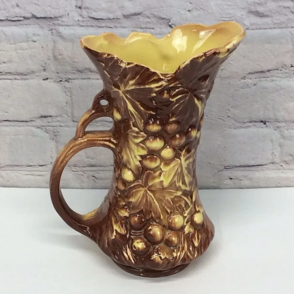 McCoy Pottery Vintage Grapevine Pitcher Vase Yellow Brown 9.5